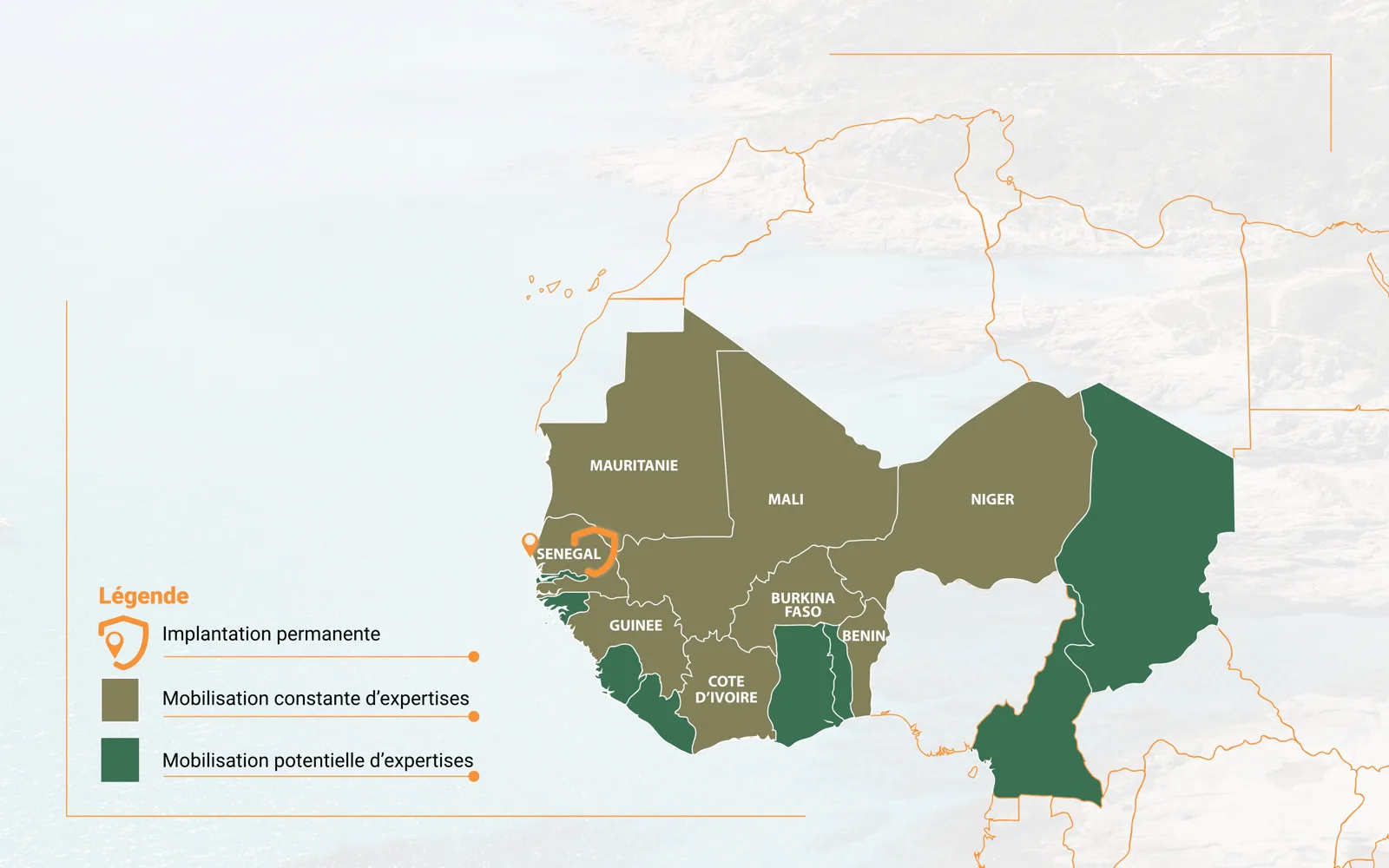 Carte du rayonnement de TSO : implantation permanente au Sénégal et zones de mobilisation constante ou potentielle d’expertises en Afrique de l’Ouest et au Sahel.